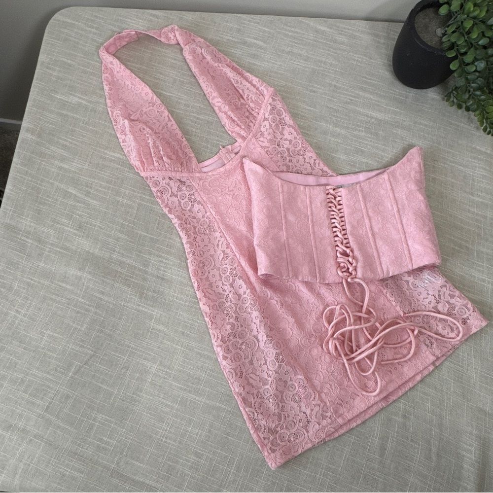 Pink Lace Halter Corset Mini Dress Coquette Y2K Fairycore Bodycon Party Dress - Picture 5 of 14